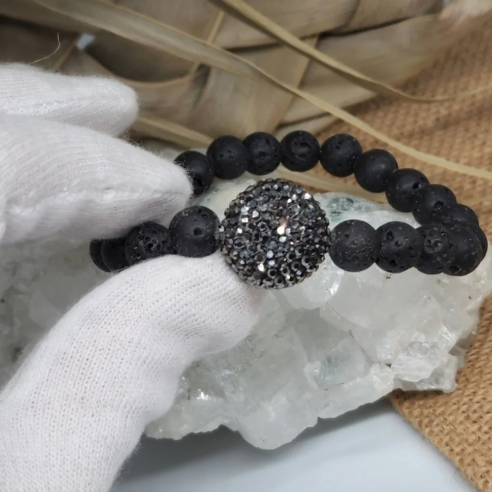 Large Natural Lava Stone PaveCrystals Beaded Natural stones Bracelet